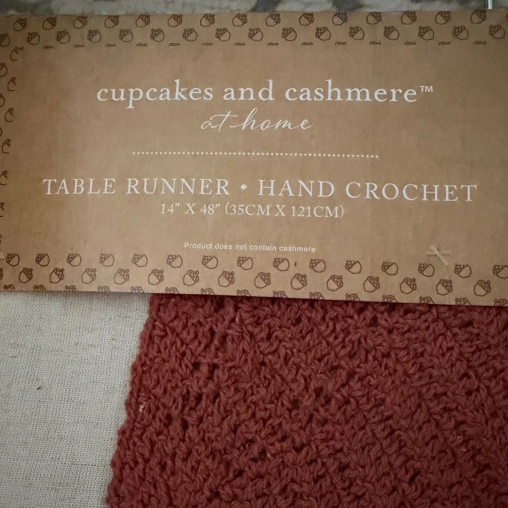 Cupcakes and Cashmere Pumpkin Table Runner 14x48 Hand Crochet Scalloped Fall
